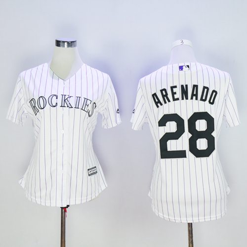 Rockies #28 Nolan Arenado White Strip Women's Home Stitched MLB Jersey