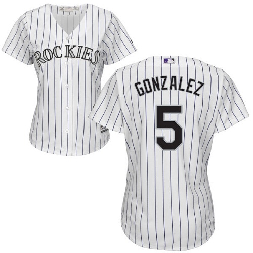 Rockies #5 Carlos Gonzalez White Strip Home Women's Stitched MLB Jersey