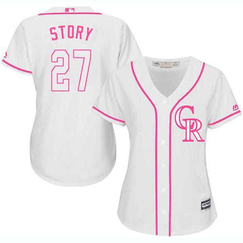 Rockies #27 Trevor Story White/Pink Fashion Women's Stitched MLB Jersey