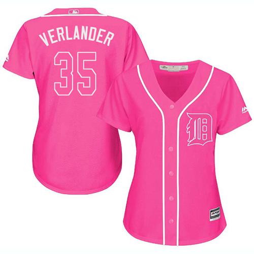 Tigers #35 Justin Verlander Pink Fashion Women's Stitched MLB Jersey