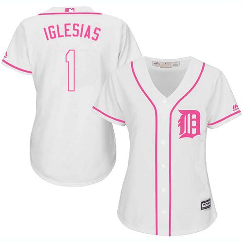Tigers #1 Jose Iglesias White/Pink Fashion Women's Stitched MLB Jersey