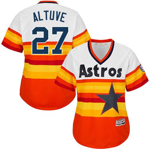 Astros #27 Jose Altuve White/Orange Alternate Cooperstown Women's Stitched MLB Jersey