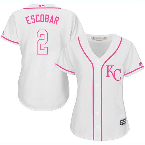 Royals #2 Alcides Escobar White/Pink Fashion Women's Stitched MLB Jersey