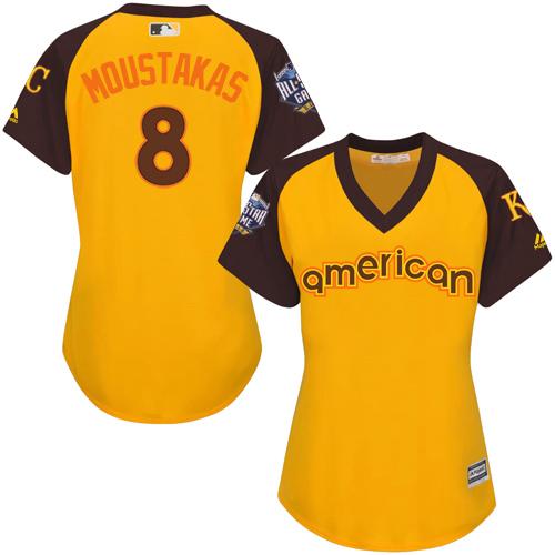 Royals #8 Mike Moustakas Gold 2016 All-Star American League Women's Stitched MLB Jersey