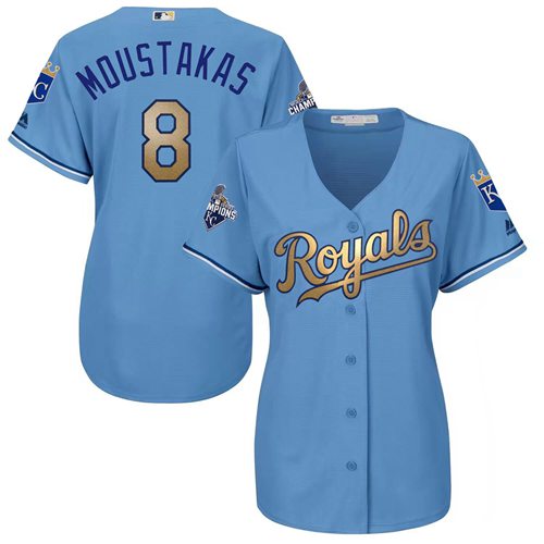 Royals #8 Mike Moustakas Light Blue Women's 2015 World Series Champions Gold Program Cool Base Stitched MLB Jersey