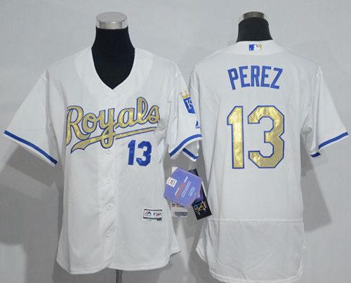 Royals #13 Salvador Perez White Flexbase Authentic 2015 World Series Champions Gold Program Cool Base Women's Stitched MLB Jersey