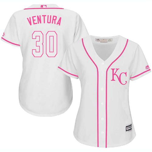 Royals #30 Yordano Ventura White/Pink Fashion Women's Stitched MLB Jersey