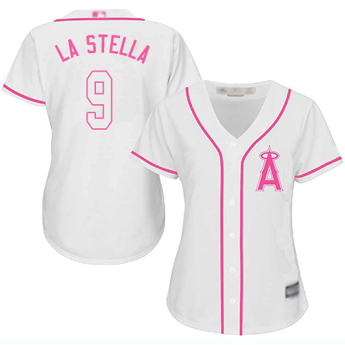 Angels #9 Tommy La Stella White/Pink Fashion Women's Stitched MLB Jersey