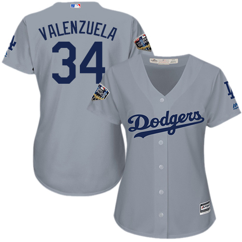 Dodgers #34 Fernando Valenzuela Grey Alternate Road 2018 World Series Women's Stitched MLB Jersey