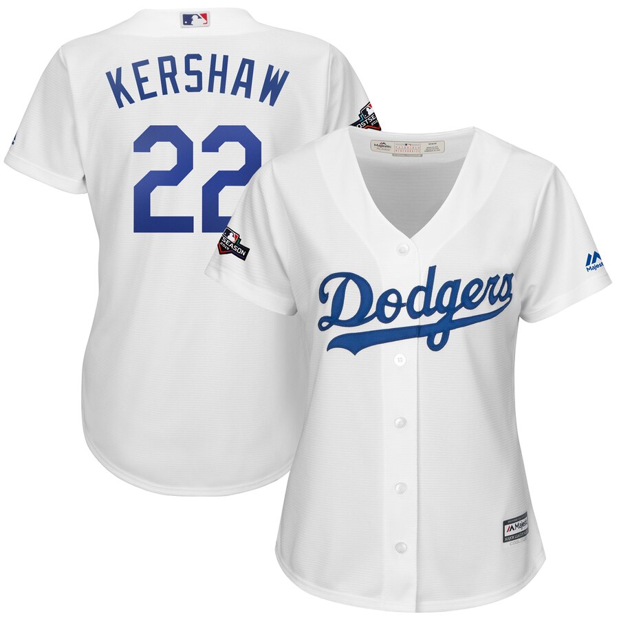 Los Angeles Dodgers #22 Clayton Kershaw Majestic Women's 2019 Postseason Home Official Cool Base Player Jersey White