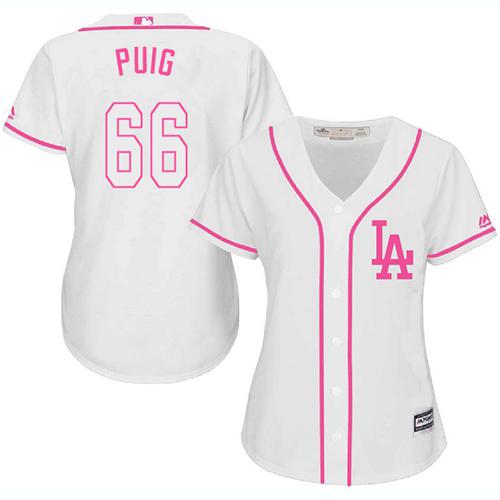 Dodgers #66 Yasiel Puig White/Pink Fashion Women's Stitched MLB Jersey