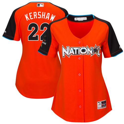 Dodgers #22 Clayton Kershaw Orange 2017 All-Star National League Women's Stitched MLB Jersey