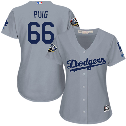 Dodgers #66 Yasiel Puig Grey Alternate Road 2018 World Series Women's Stitched MLB Jersey
