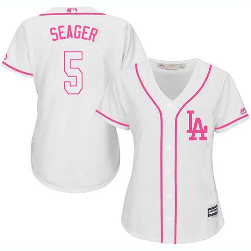 Dodgers #5 Corey Seager White/Pink Fashion Women's Stitched MLB Jersey