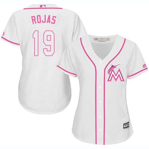 Marlins #19 Miguel Rojas White/Pink Fashion Women's Stitched MLB Jersey
