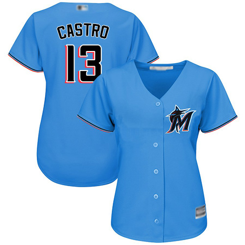 Marlins #13 Starlin Castro Blue Alternate Women's Stitched MLB Jersey