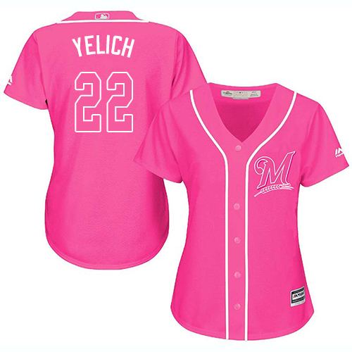 Brewers #22 Christian Yelich Pink Fashion Women's Stitched MLB Jersey