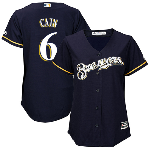 Brewers #6 Lorenzo Cain Navy Blue Alternate Women's Stitched MLB Jersey