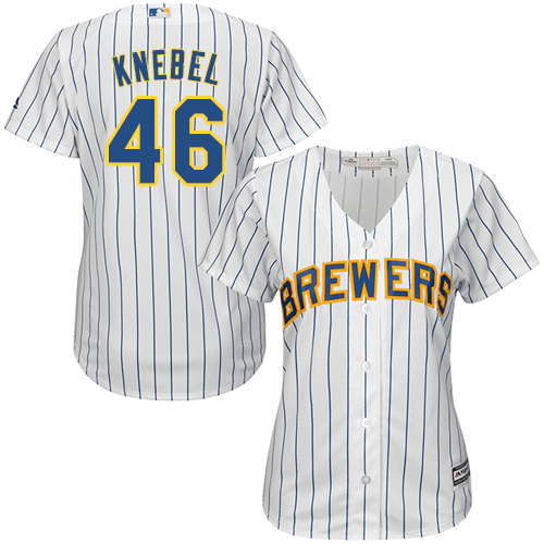 Brewers #46 Corey Knebel White Strip Home Women's Stitched MLB Jersey