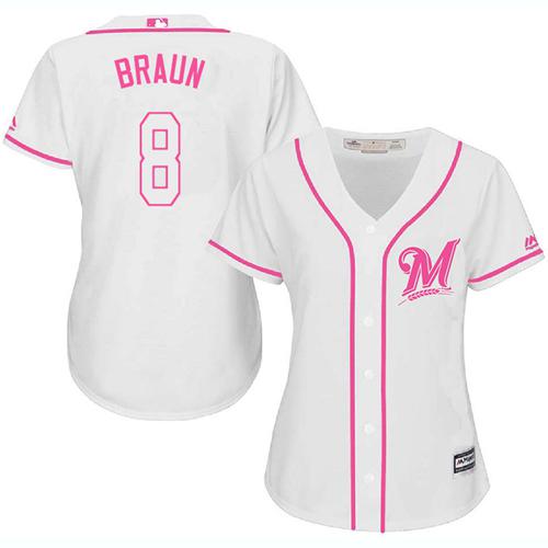 Brewers #8 Ryan Braun White/Pink Fashion Women's Stitched MLB Jersey