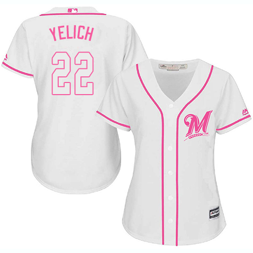 Brewers #22 Christian Yelich White/Pink Fashion Women's Stitched MLB Jersey