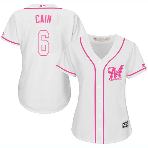 Brewers #6 Lorenzo Cain White/Pink Fashion Women's Stitched MLB Jersey
