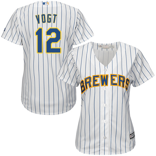 Brewers #12 Stephen Vogt White Strip Home Women's Stitched MLB Jersey
