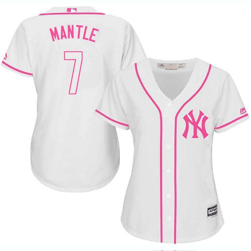 Yankees #7 Mickey Mantle White/Pink Fashion Women's Stitched MLB Jersey
