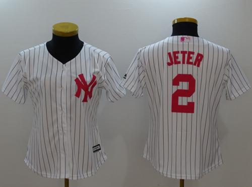 Yankees #2 Derek Jeter White Strip Mother's Day Cool Base Women's Stitched MLB Jersey