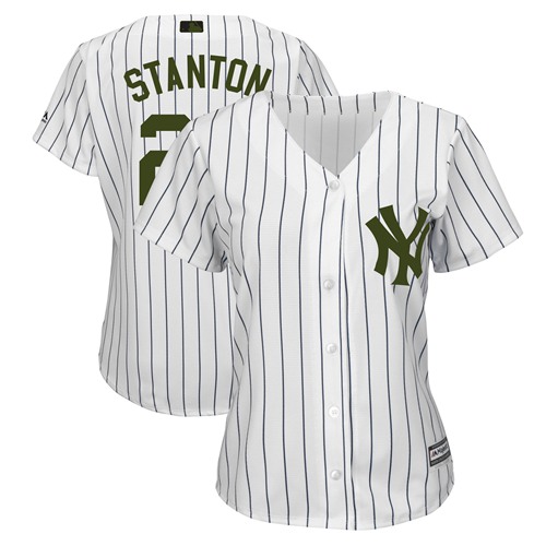 Yankees #27 Giancarlo Stanton White Strip 2018 Memorial Day Cool Base Women's Stitched MLB Jersey