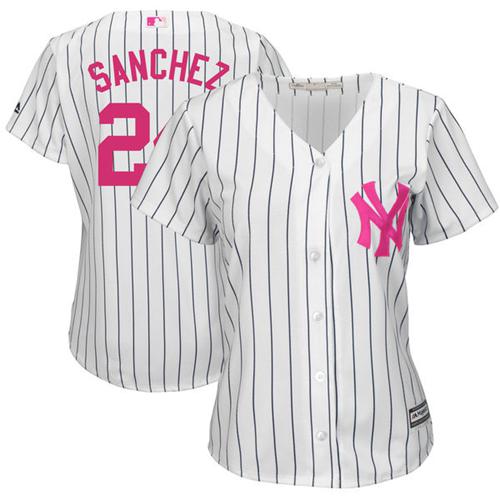 Yankees #24 Gary Sanchez White Strip Mother's Day Cool Base Women's Stitched MLB Jersey