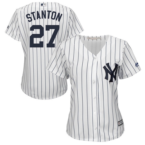 Yankees #27 Giancarlo Stanton White Strip Home Women's Stitched MLB Jersey