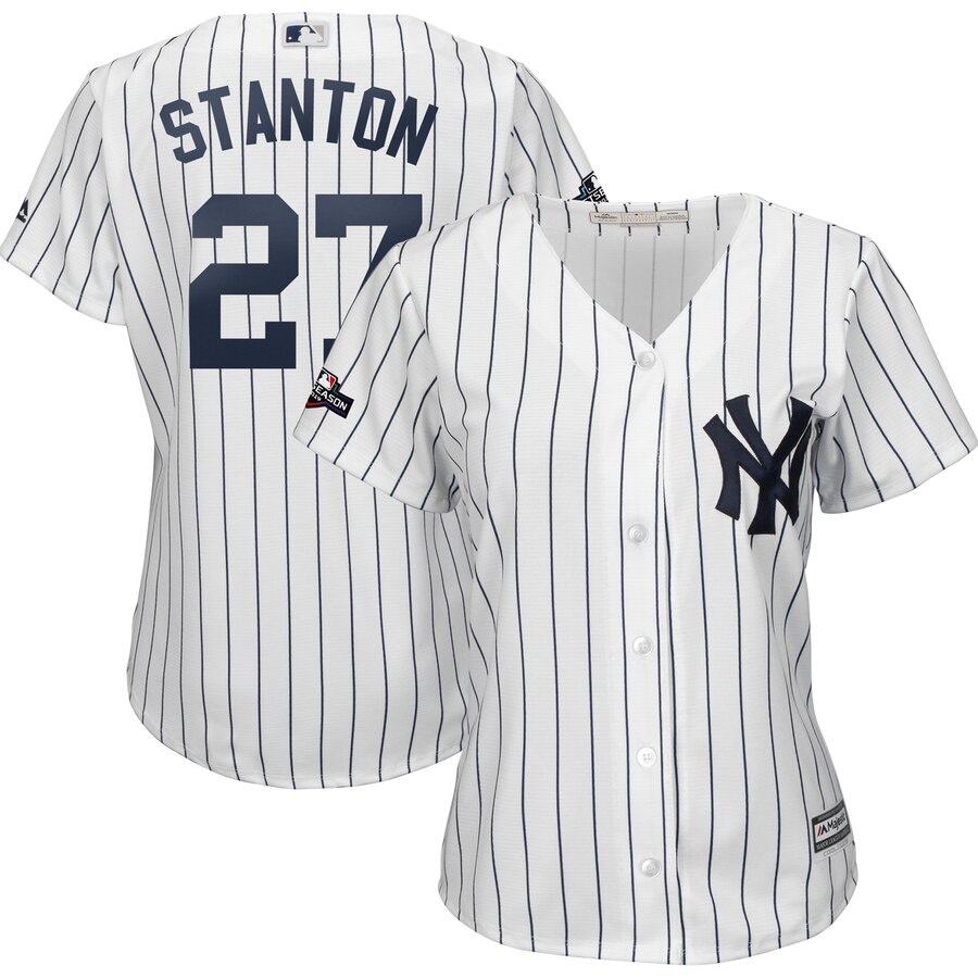 New York Yankees #27 Giancarlo Stanton Majestic Women's 2019 Postseason Official Cool Base Player Jersey White Navy