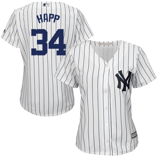 Yankees #34 J.A. Happ White Strip Home Women's Stitched MLB Jersey