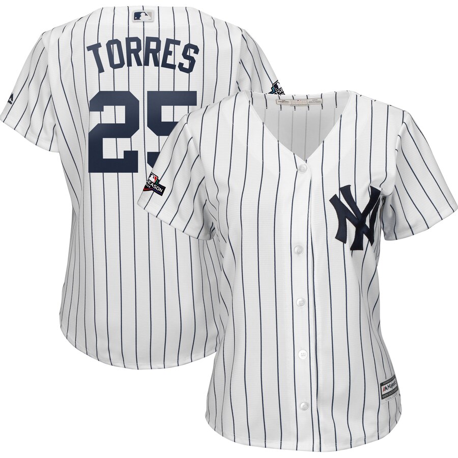 New York Yankees #25 Gleyber Torres Majestic Women's 2019 Postseason Official Cool Base Player Jersey White Navy