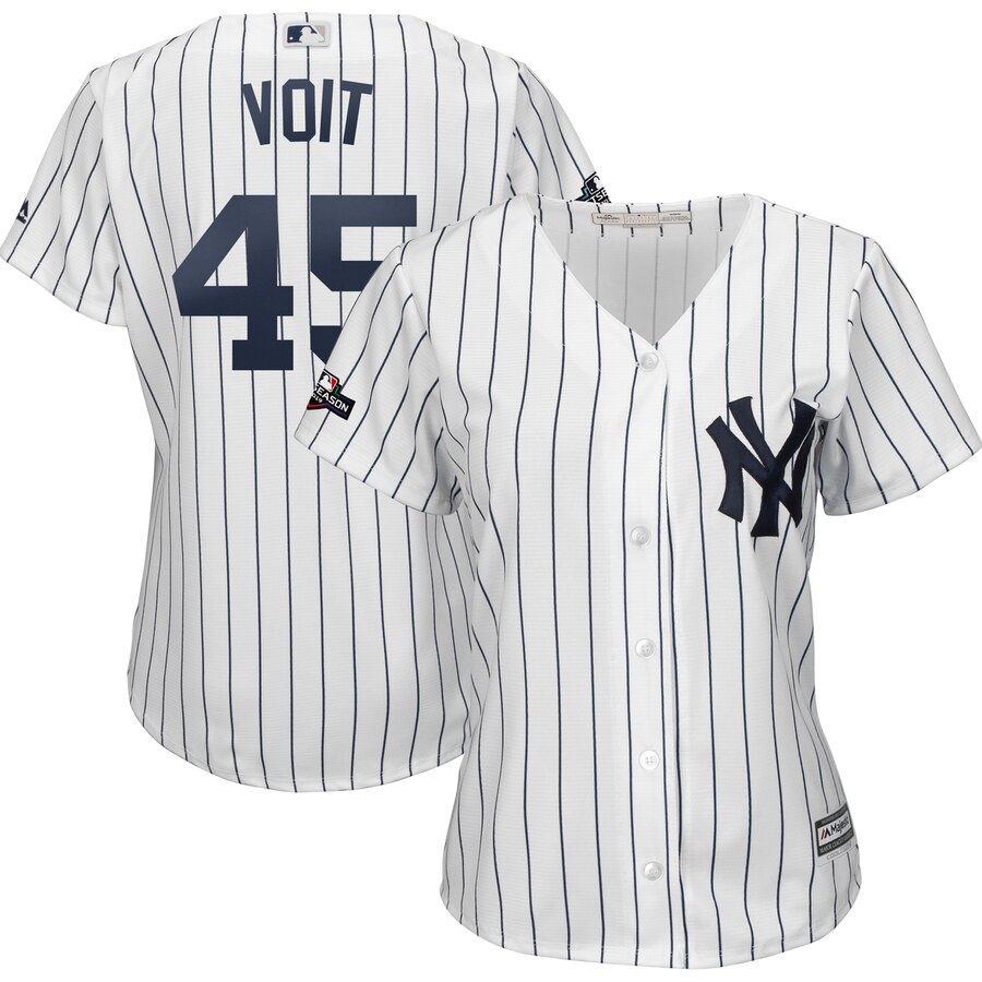 New York Yankees #45 Luke Voit Majestic Women's 2019 Postseason Official Cool Base Player Jersey White Navy
