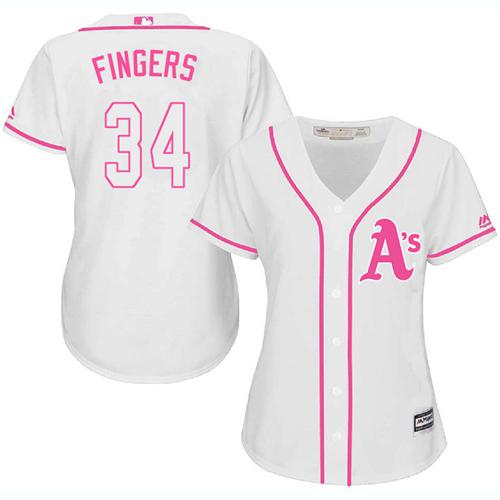 Athletics #34 Rollie Fingers White/Pink Fashion Women's Stitched MLB Jersey