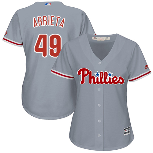 Phillies #49 Jake Arrieta Grey Road Women's Stitched MLB Jersey