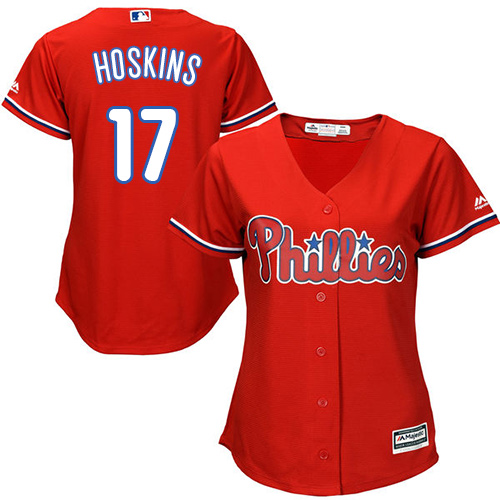 Phillies #17 Rhys Hoskins Red Alternate Women's Stitched MLB Jersey
