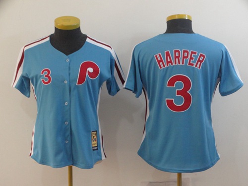 Phillies #3 Bryce Harper Light Blue Alternate Cooperstown Women's Stitched MLB Jersey
