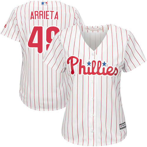 Phillies #49 Jake Arrieta White(Red Strip) Home Women's Stitched MLB Jersey