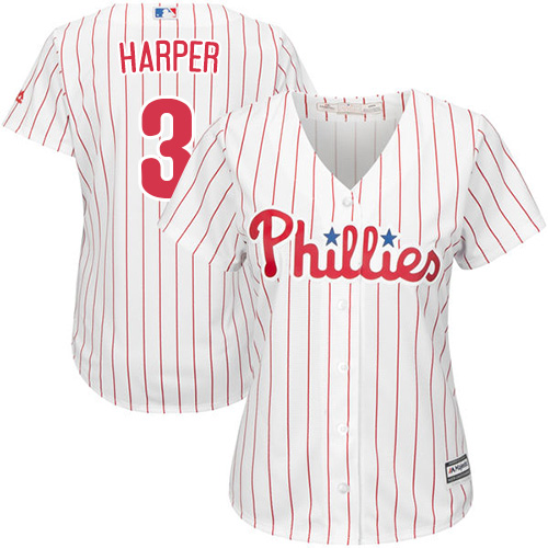 Phillies #3 Bryce Harper White(Red Strip) Home Women's Stitched MLB Jersey