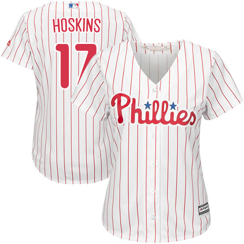 Phillies #17 Rhys Hoskins White(Red Strip) Home Women's Stitched MLB Jersey