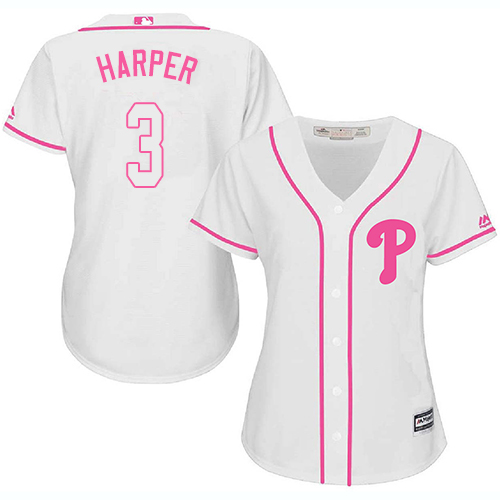 Phillies #3 Bryce Harper White/Pink Fashion Women's Stitched MLB Jersey