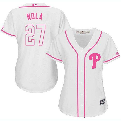 Phillies #27 Aaron Nola White/Pink Fashion Women's Stitched MLB Jersey