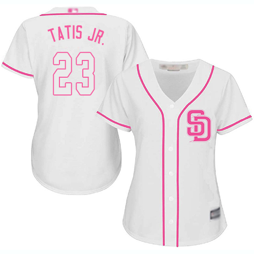 Padres #23 Fernando Tatis Jr. White/Pink Fashion Women's Stitched MLB Jersey