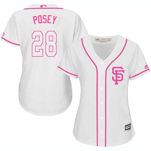Giants #28 Buster Posey White/Pink Fashion Women's Stitched MLB Jersey