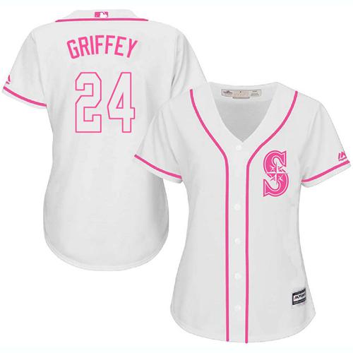 Mariners #24 Ken Griffey White/Pink Fashion Women's Stitched MLB Jersey