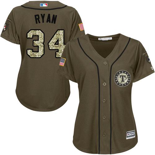 Rangers #34 Nolan Ryan Green Salute to Service Women's Stitched MLB Jersey