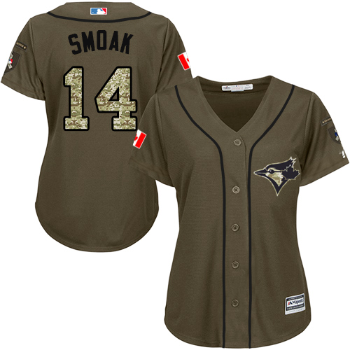 Blue Jays #14 Justin Smoak Green Salute to Service Women's Stitched MLB Jersey